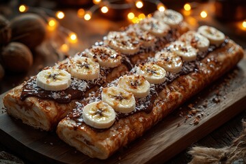 Decadent puff pastry with sliced bananas and nutella drizzled with coconut flakes