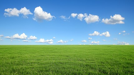 Obraz premium Vibrant Green Field Under a Bright Blue Sky with Fluffy White Clouds