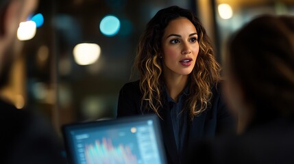 Businesswoman in Meeting, Nighttime Office,  Strategic Discussion, Data Analysis, Professional Collaboration