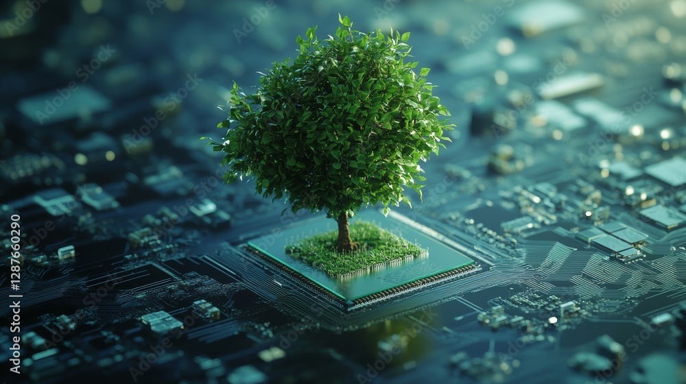 Poster Tree growing on computer microchip in a futuristic circuit board environment, blending nature with technology. Sustainable innovation and tech advancement concept