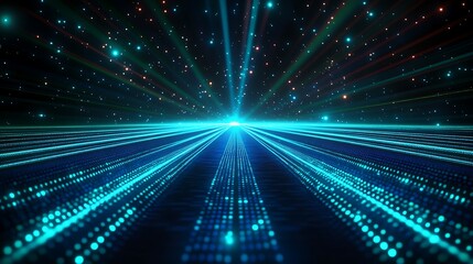 A surreal abstract chart formed by glowing beams of light, intersecting rays in shades of neon blue and green, a sleek dark background emphasizing depth, futuristic nodes and smooth gradients,