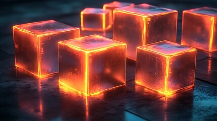 A surreal arrangement of glowing 3D cubes, stacked and interconnected to form financial data visuals, radiant neon gradients, dark futuristic background enhancing the light,