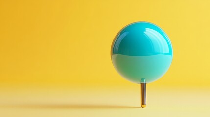 A bright, glossy 3D cyan pin, floating on a light pastel yellow background with soft shadows
