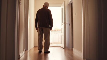 Fototapeta premium Dementia symptoms in a senior person trying to open a door but unable to recall how. Featuring disorientation and forgetfulness