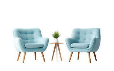 Set of two blue chairs with wooden legs isolated on transparent background