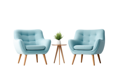 Set of two blue chairs with wooden legs isolated on transparent background