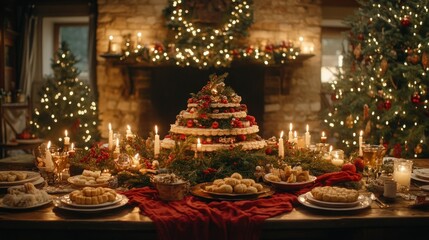 Festive Christmas tiered cake on a decorated dining table in a cozy home with Christmas trees and candles