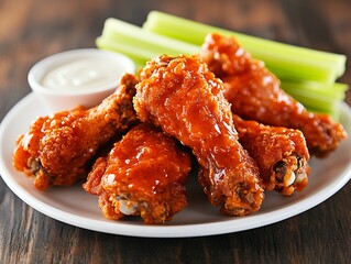 バッファローウィングとセロリスティック、ディップソースの盛り付け | Buffalo Wings with Celery Sticks and Dipping Sauce