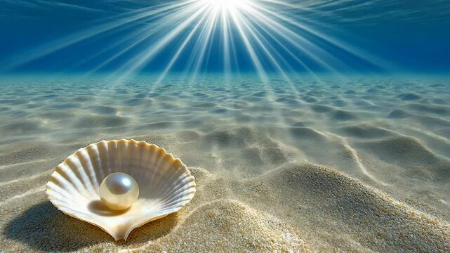 Beautiful underwater scene with a pearl resting in an open shell on sandy ocean floor illuminated by sunlight