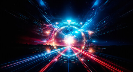 Fototapeta premium A dramatic night scene unfolds with vibrant red and blue lightning illuminating a dark sky above a road. Streaks of red and blue light trails streak across the asphalt, creating a sense of dynamic mot