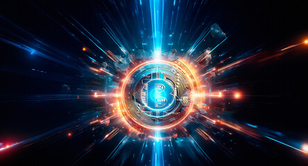 Obraz premium Abstract image showcases a vibrant circular portal with a cyan core and orange rings. Dynamic blue and orange light beams radiate outward against a dark backdrop.