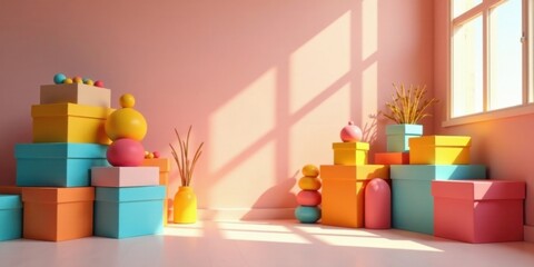 Pastel-hued boxes and spheres arranged artistically in a sunlit room with a minimalist aesthetic, creating a vibrant and cheerful display