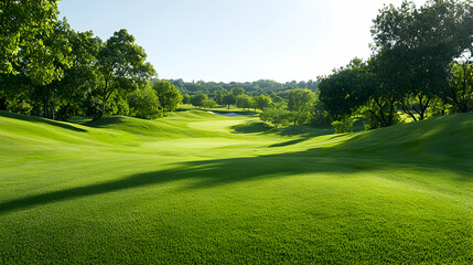 Sunny golf course fairway, lush green landscape, trees, background hills, ideal for travel brochures