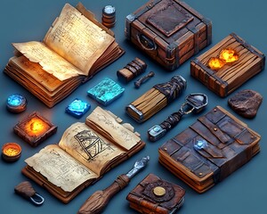 Fantasy props, book, chest, lantern