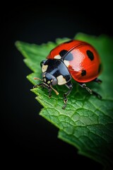 Fototapeta premium Close-up of a ladybug on a leaf with a dark background