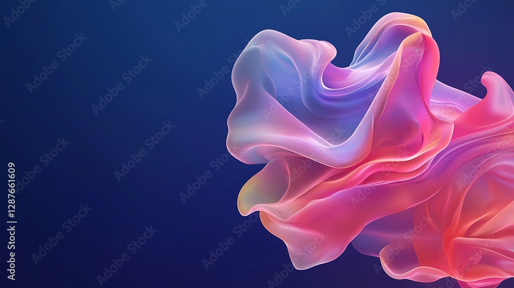 Poster ethereal colorful flowing fabric on dark background, abstract digital art with soft waves and light 