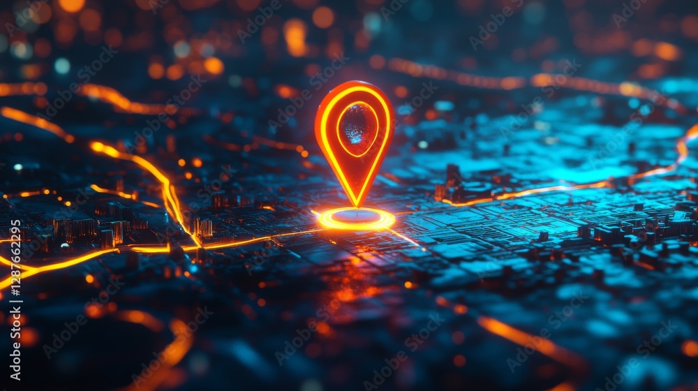 Poster glowing orange location pin hovering above illuminated city map at night, symbolizing navigation tec