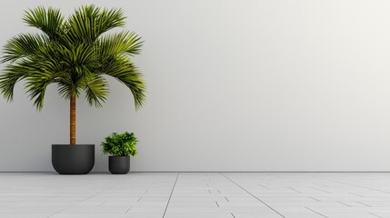 Fototapeta premium Indoor modern decor featuring potted palm and small green plant against a minimalist wall backdrop