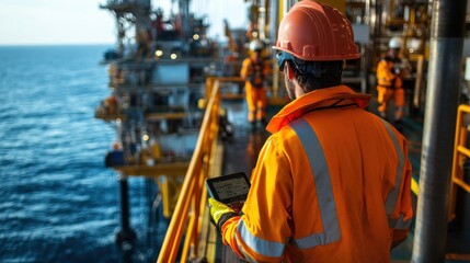 Engineer in Safety Gear Using Tablet on Offshore Oil Rig Platform