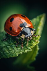 Fototapeta premium Close-up of a vibrant red ladybug with black spots perched on a green leaf