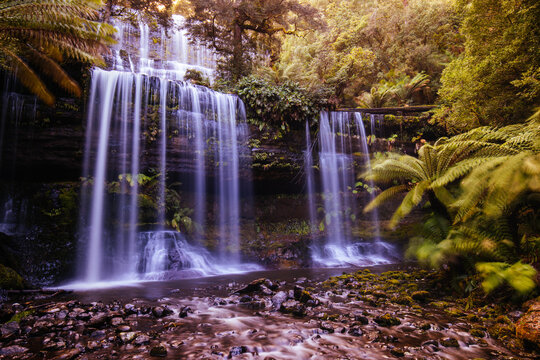 The majestic Russell Falls in Mt Field National Park on a cold spring afternoon in Tasmania, Austral