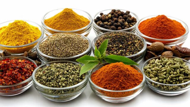 Colorful assortment of spices displayed in glass bowls on a white surface, ideal for culinary inspiration