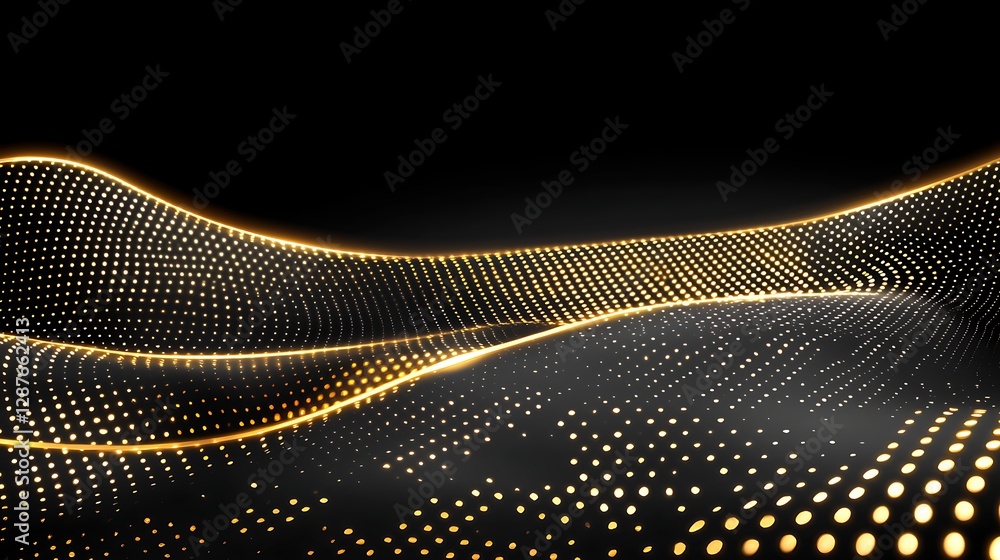 Aufkleber abstract golden wave pattern with glowing dots on dark background for technology and design use