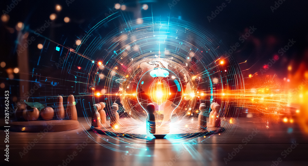 Poster illuminated globe centered on a wooden platform, tiny wooden figures in a circle around it. soft, wa