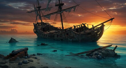 Naklejka premium Decaying pirate ship rests near a tranquil tropical island shore