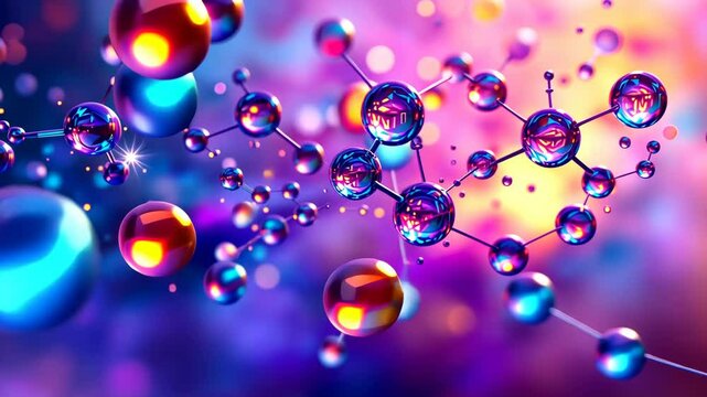 Vibrant molecular motion with glowing bubbles in dynamic abstract background