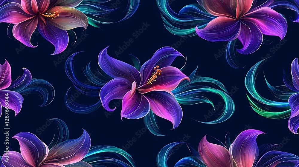 Aufkleber vibrant flower pattern with glossy petals and abstract swirls on dark background for design projects