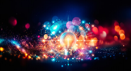 Obraz premium Abstract background featuring vibrant bokeh lights in diverse colors. Glowing orbs create a festive and sparkling effect against a dark backdrop.