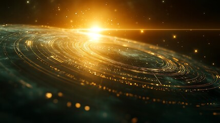 Abstract celestial design visualizing financial trade networks, luminous planetary orbits connected by radiant lines, bright star constellations scattered across a deep cosmic background,