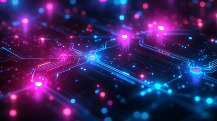 Naklejka premium Abstract circuit-style visualization of economic data, fluorescent pathways glowing with vivid neon light, vibrant colors of teal, purple, and blue illuminating intricate patterns,