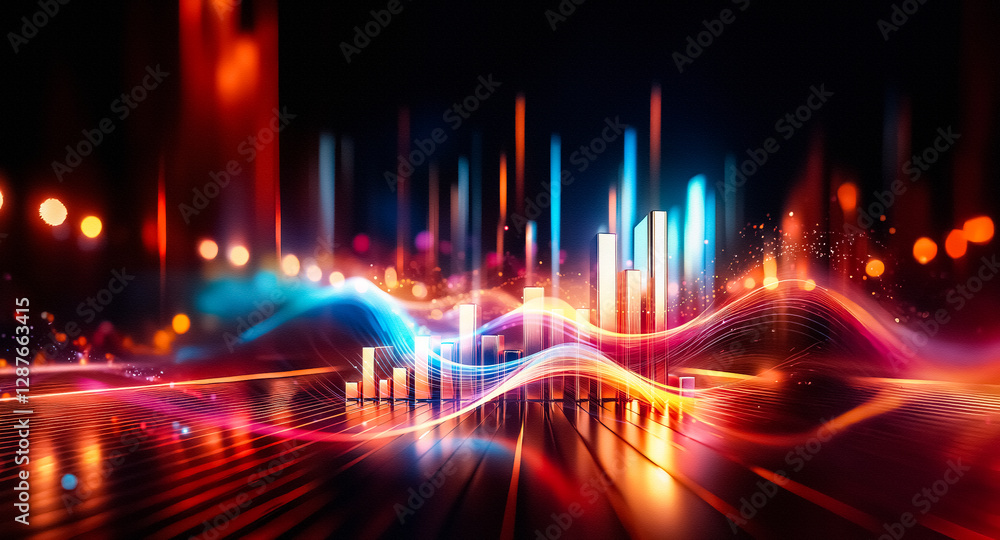 Poster Abstract image of luminous waves flowing across a dark backdrop. Vivid colors blend smoothly, creating a dynamic and energetic visual effect with bright light trails and glowing particles.