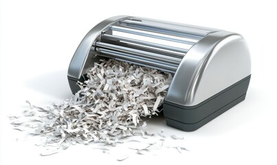 Modern paper shredder overflowing with shredded documents in a clean, minimalist workspace