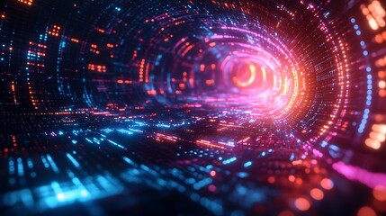 Fototapeta premium Abstract color gradient vortex glowing brightly, swirling curves and dynamic spirals visualizing financial data, vibrant neon hues blending smoothly, dark futuristic background with cinematic depth,