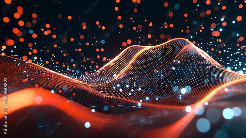 Poster abstract waveform background with colorful particles in red and blue, digital artwork design
