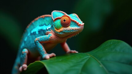 Vibrant Chameleon Perched on Lush Green Foliage, Displaying Striking Scales and Bright Orange Eye