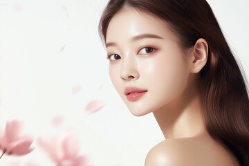 美肌の若くて可愛いアジア女性モデルの美容ポートレート。ピンクの花びらが舞うキュートな印象。