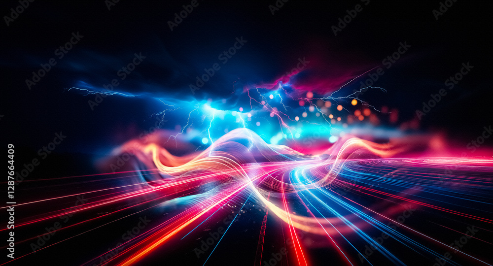 Poster Abstract waves of light cascade across a dark background.  Vibrant hues of red, orange, and blue intertwine, creating a dynamic and energetic flow with sparkling particles.