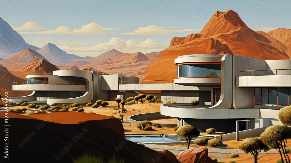 Poster Retro futuristic architecture in sci-fi scene on the desert planet. Alien landscape with nostalgic retro future constructions