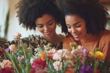Mother and daughter are arranging a bouquet of colorful flowers, enjoying quality time together