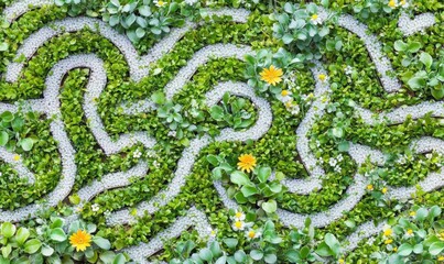 Aerial view of a vibrant garden maze with lush greenery and yellow flowers, showcasing nature's beauty