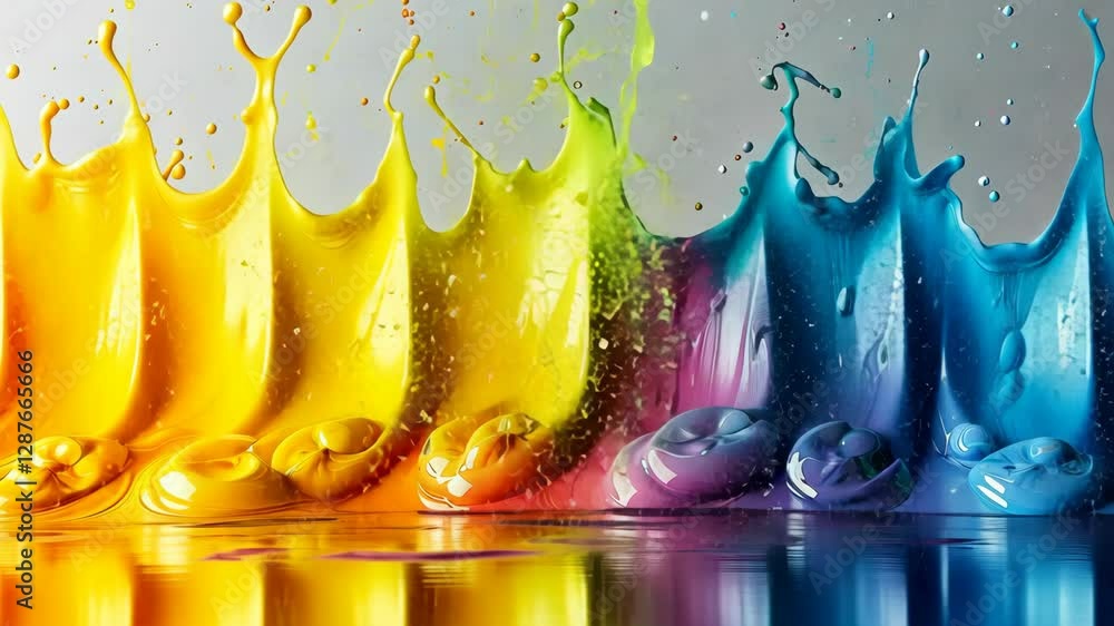Poster vivid colorful paint splashes creating dynamic rainbow waves on reflective surface