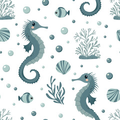 Fototapeta premium Sea seamless pattern with seahorse, fish, seaweed, seashell flat style. Ocean digital paper. Nautical underwater scrapbooking, background, print. Hand drawn vector