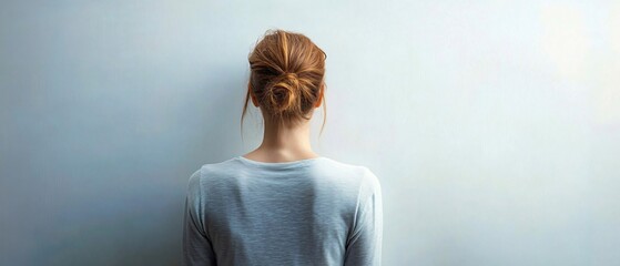 A contemplative woman against a soft gray wall, ideal for mental health initiatives, magazine covers on solitude or inner reflection, and minimalistic design projects.