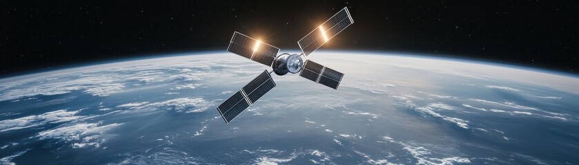 Fototapeta premium A satellite orbits the Earth, showcasing technology and space exploration.
