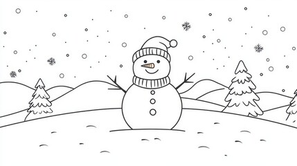 8.An elegant linear illustration of a snowman in a scarf and hat, with a snowy landscape in the background and thick lines depicting falling snow. The icon-style drawing is created with editable