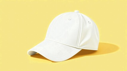 Fototapeta premium Baseball white caps front view or side view mock up logo, sticker, branding, hat, fashion, blank, advertisement, promoting, realistic, template, presentation, advertising isolated on yellow background